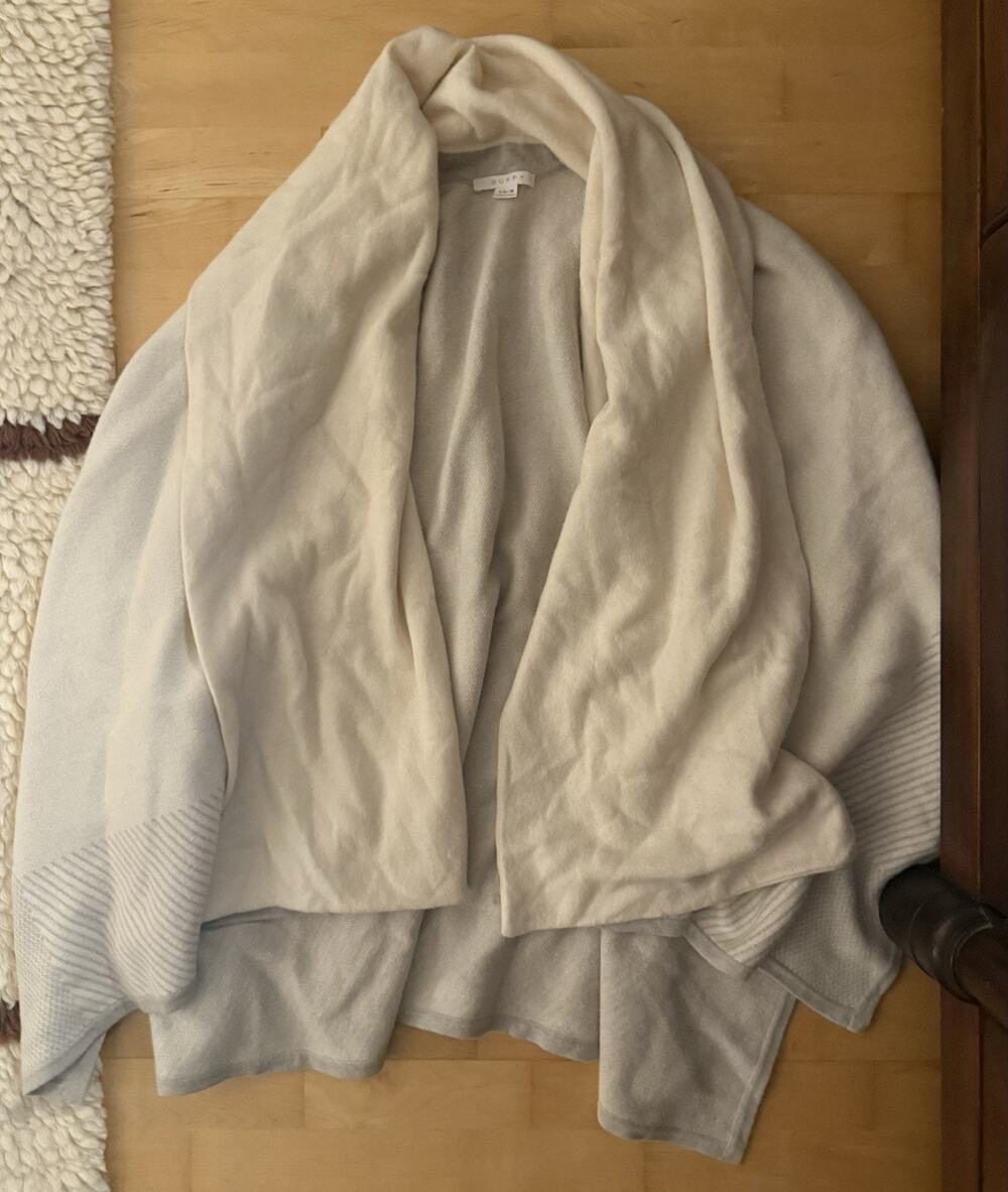 Duffy Wool Cashmere Cream Grey Wrap Poncho Sweater Attached Scarf XS/small